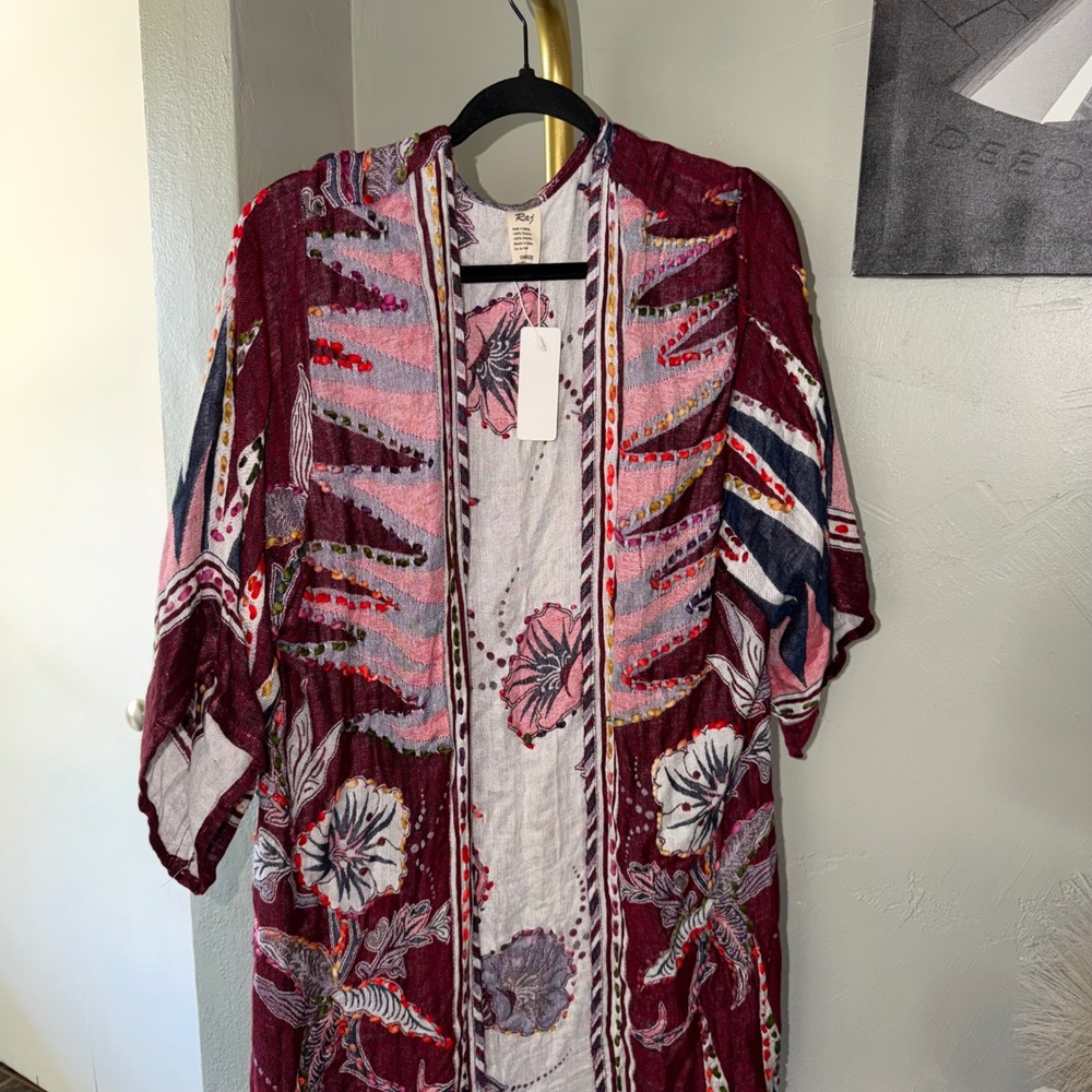 Raj Womens Floral Kimono Wrap Burgundy Kantha Embroidered Rayon One Size NWT